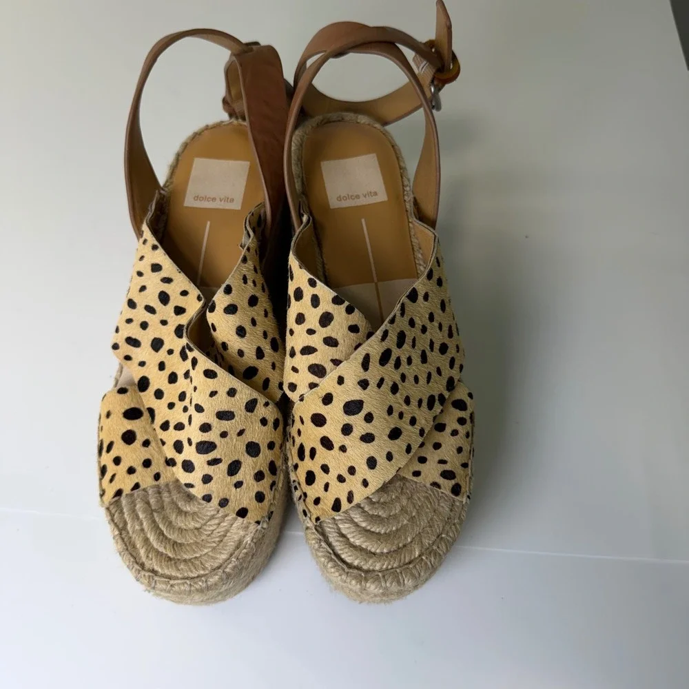 Dolce Vita Animal Print Calf Hair‎ Espadrille Wedge Sandals Tan Brown Size 7